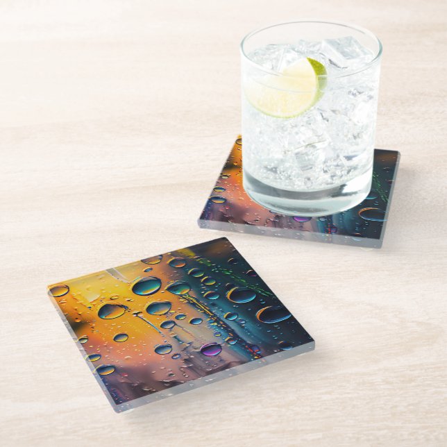 Chromatisches Regen - farbiger Hintergrund Glasuntersetzer (Schrägansicht)