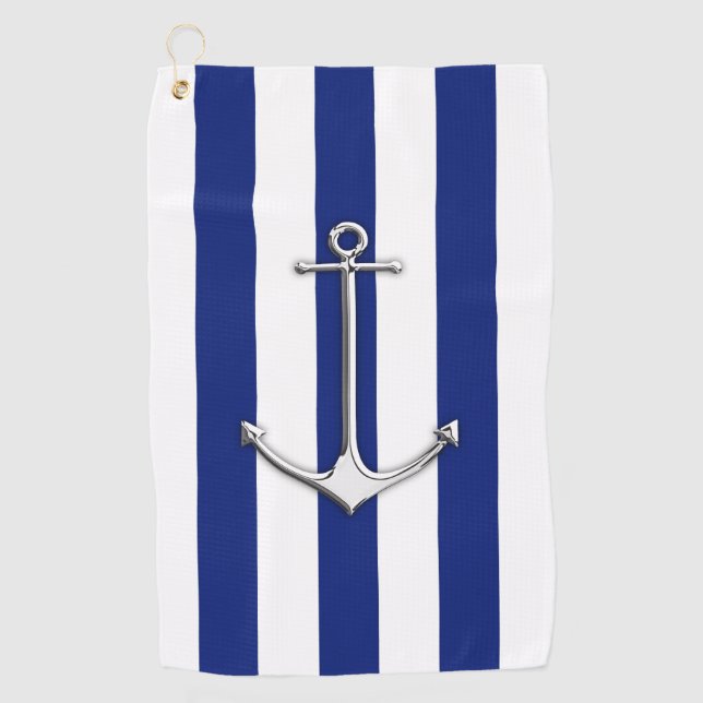 Chrome Anchor auf Nautical Navy Blue Stripes Print Golfhandtuch (Vorderseite)
