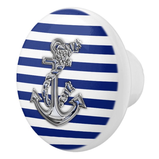 Chrome Anchor auf Nautical Navy Blue Stripes Print Keramikknauf (Rechts)