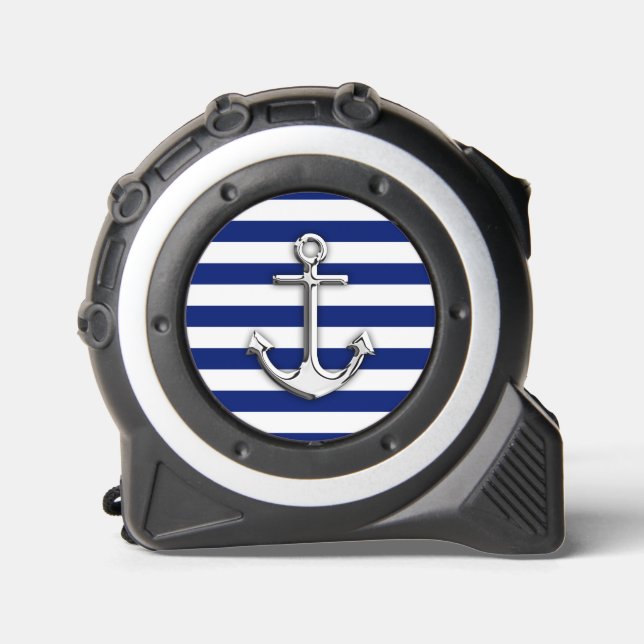 Chrome Anchor auf Nautical Navy Blue Stripes Print Maßband (Vorderseite)