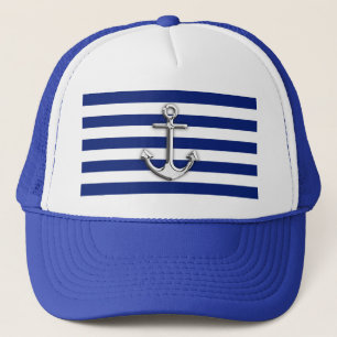 Chrome Anchor auf Nautical Navy Blue Stripes Print Truckerkappe