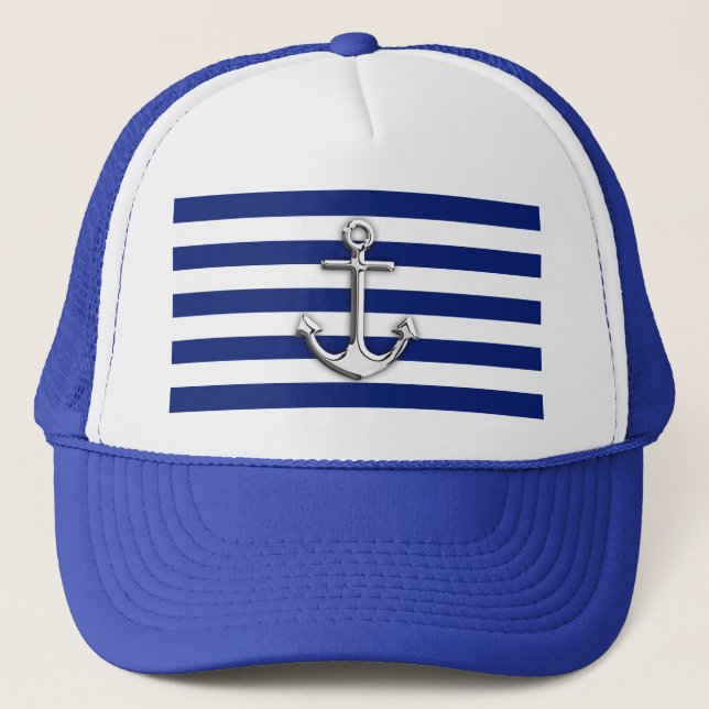 Chrome Anchor auf Nautical Navy Blue Stripes Print Truckerkappe (Vorderseite)