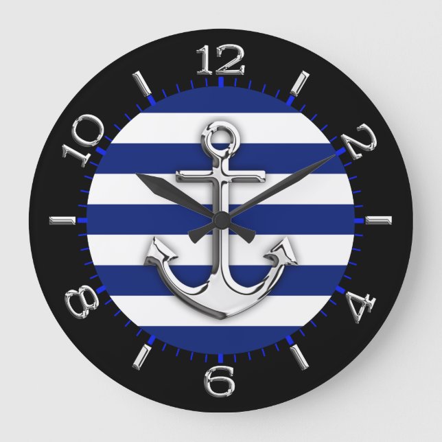 Chrome Anchor auf Navy Blue Stripes Dial Große Wanduhr (Vorderseite)