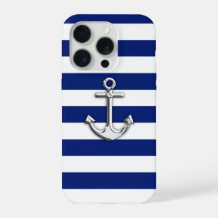 Chrome Anchor auf Navy Stripes iPhone 15 Pro Hülle