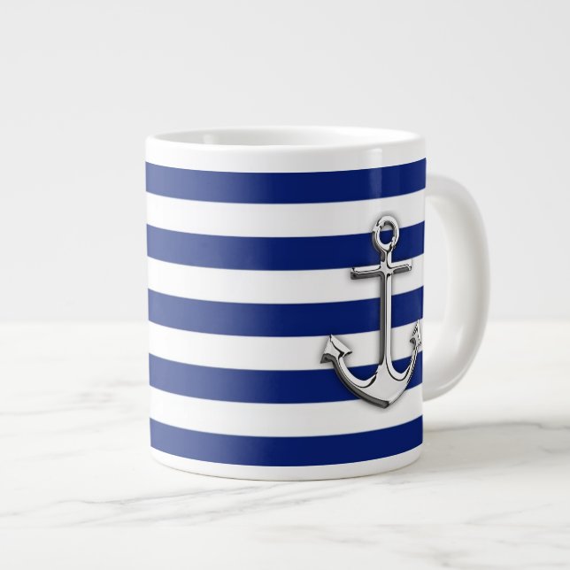 Chrome Anchor auf Navy Stripes Jumbo-Tasse (Vorderseite Rechts)