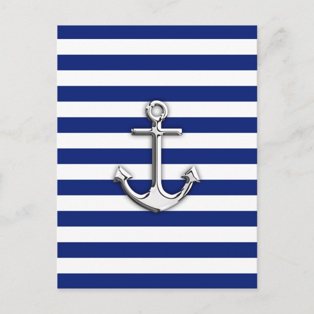 Chrome Anchor auf Navy Stripes Postkarte (Vorderseite)
