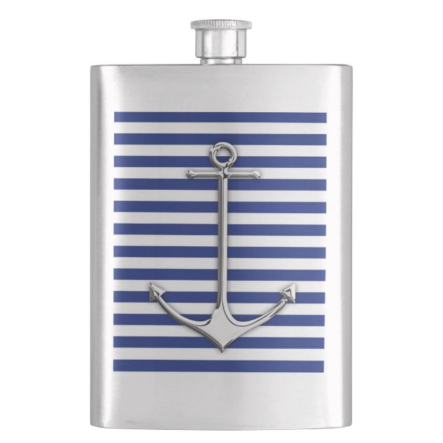Chrome Anchor Nautical on Navy Stripes Print Flachmann (Vorderseite)