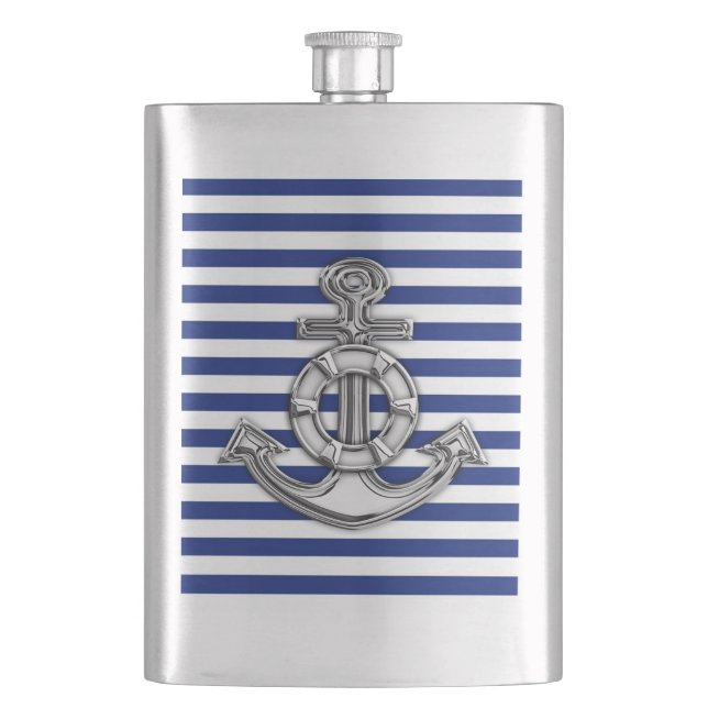 Chrome Anchor Nautical on Navy Stripes Print Flachmann (Vorderseite)