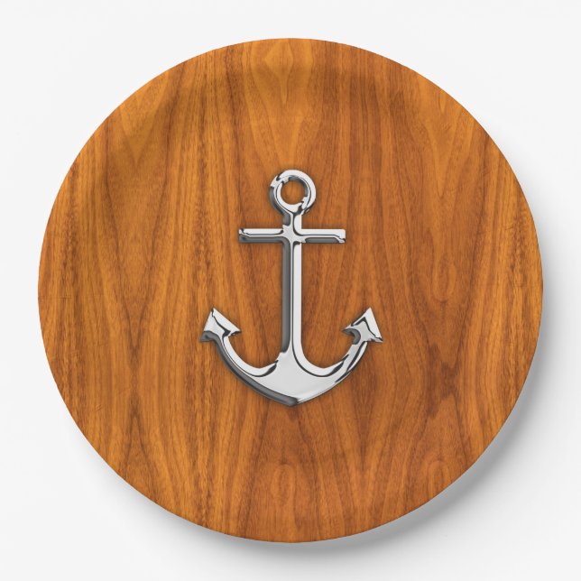 Chrome Anchor on Teak Veneer Style Pappteller (Vorderseite)