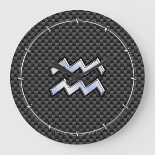 Chrome Aquarius Zodiac Sign Carbon Fibre Stile Große Wanduhr