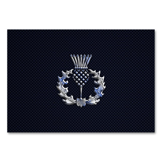 Chrome auf Carbon Fibre Print Scottish Thistle Tischnummer (Vorderseite)