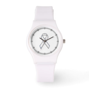 Chrome Belted Style White Ribbon Awareness Armbanduhr