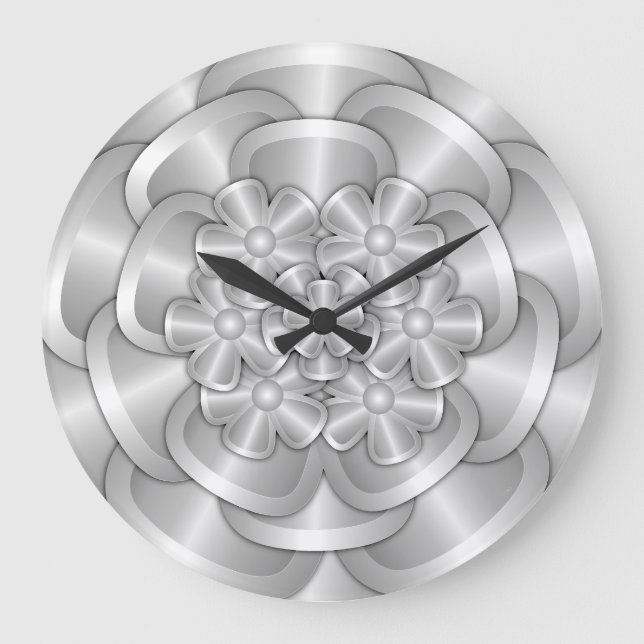 Chrome-Blume - Silber Große Wanduhr (Vorderseite)