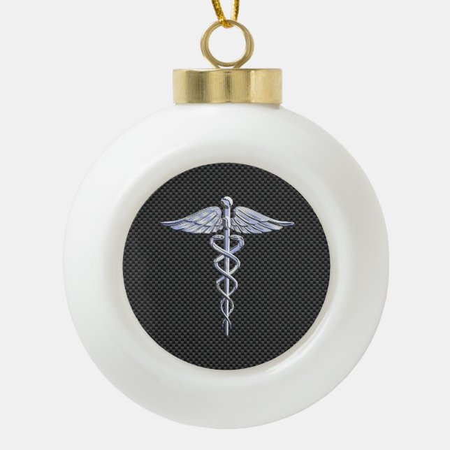 Chrome Caduceus Medical Symbol Black Carbon Fibre Keramik Kugel-Ornament (Vorderseite)