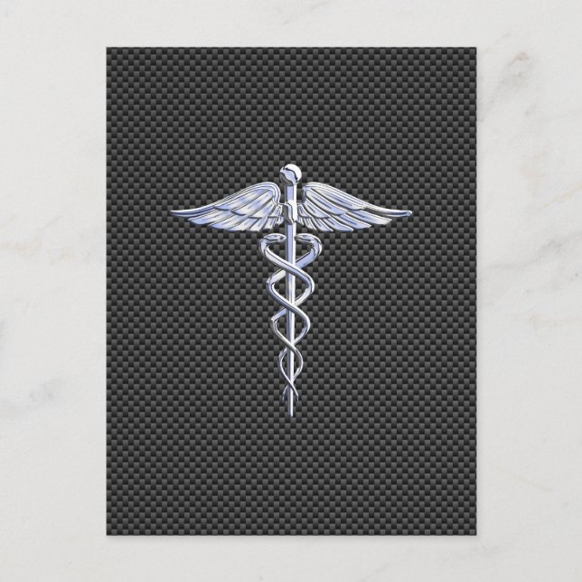 Chrome Caduceus Medical Symbol Black Carbon Fibre Postkarte (Vorderseite)