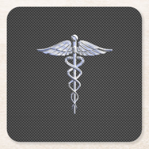 Chrome Caduceus Medical Symbol Black Carbon Fibre Rechteckiger Pappuntersetzer