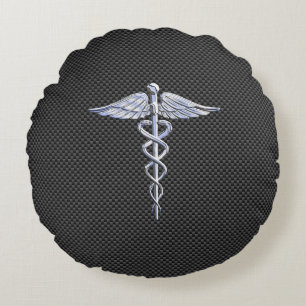 Chrome Caduceus Medical Symbol Black Carbon Fibre Rundes Kissen