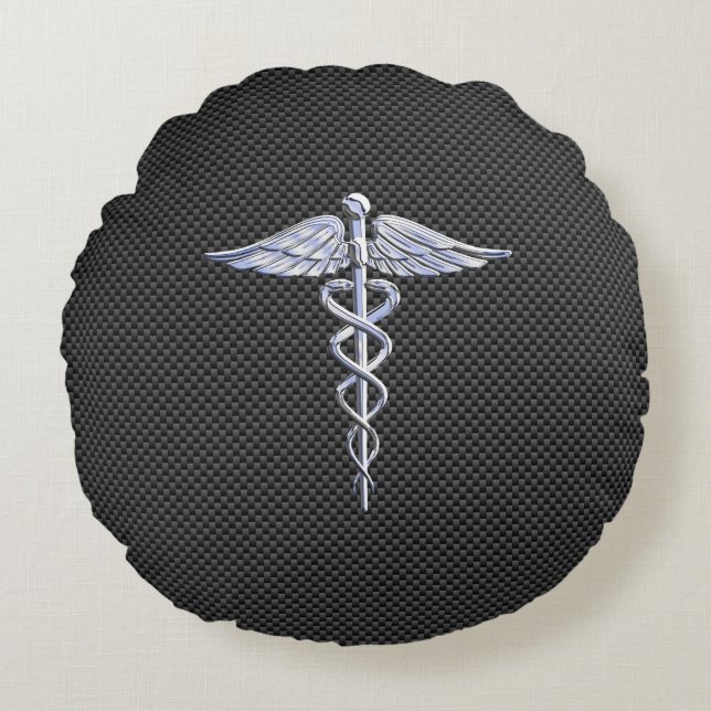 Chrome Caduceus Medical Symbol Black Carbon Fibre Rundes Kissen (Vorderseite)