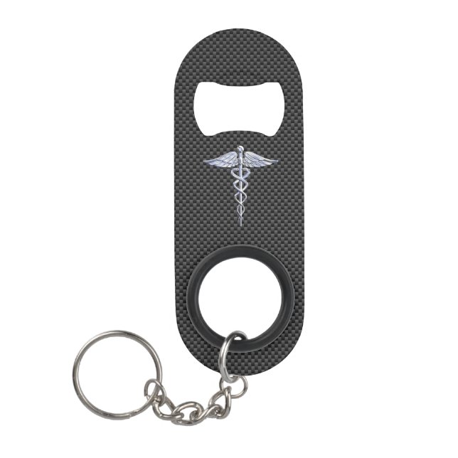 Chrome Caduceus Medical Symbol Black Carbon Fibre Schlüsselbund Flaschenöffner (Vorderseite)