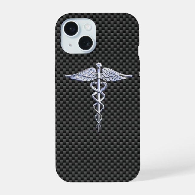 Chrome Caduceus Medical Symbol Carbon Fibre Decke iPhone 15 Hülle (Rückseite)