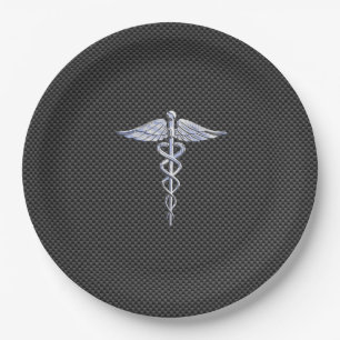 Chrome Caduceus Medical Symbol Carbon Fibre Print Pappteller