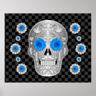 Chrome Calavera (Blaue Rose) Poster