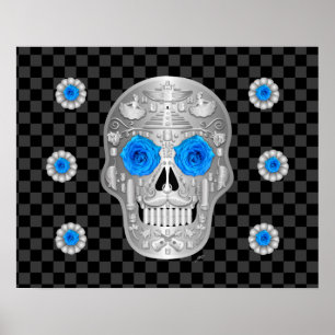 Chrome Calavera (Blue Rose) Faux Leinwanddruck Poster