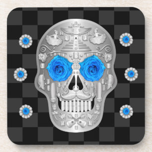 Chrome Calavera (Blue Rose) Getränkekasten Getränkeuntersetzer