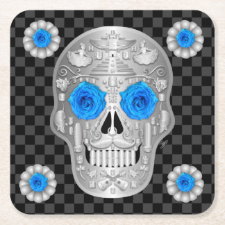 Chrome Calavera (Blue Rose) Getränkuntersetzer Rechteckiger Pappuntersetzer