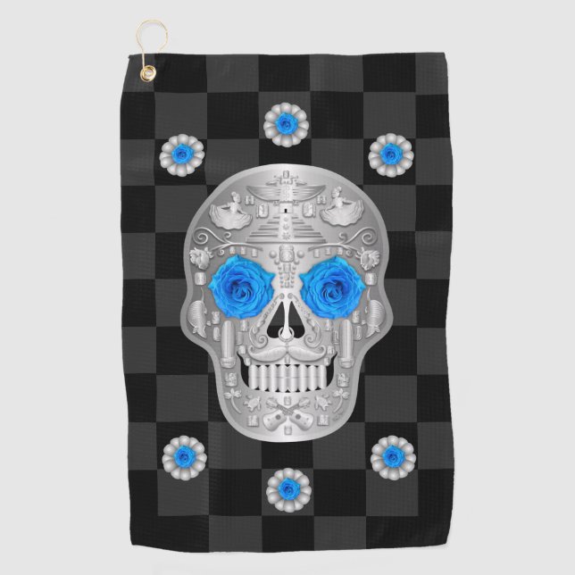 Chrome Calavera (Blue Rose) Golf Towel Golfhandtuch (Vorderseite)