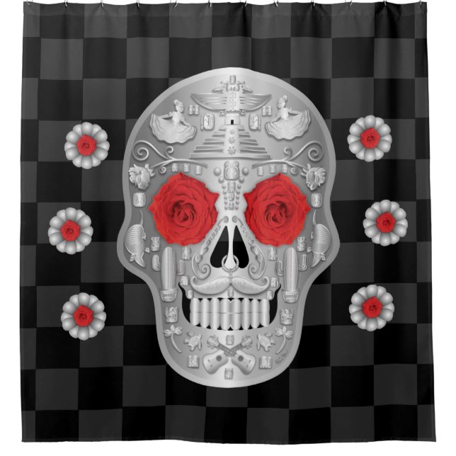 Chrome Calavera (Rote Rose) Duschvorhang (Vorderseite)