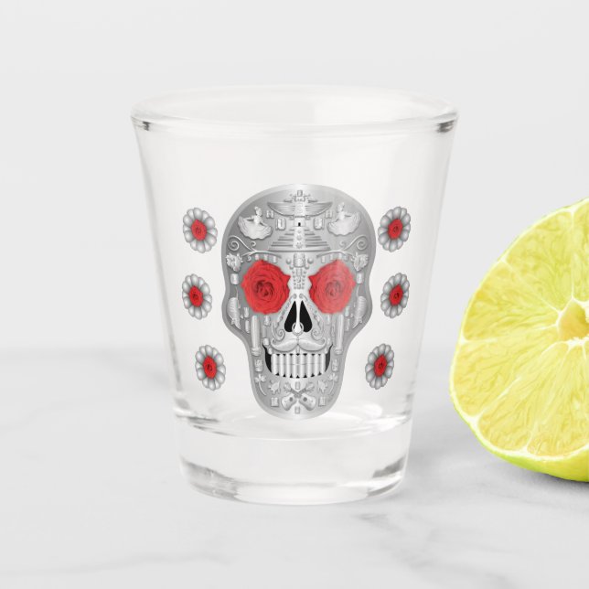 Chrome Calavera (Rote Rose) Shot Glass Schnapsglas (Vorderseite)