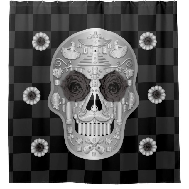 Chrome Calavera (Schwarze Rose) Duschvorhang (Vorderseite)