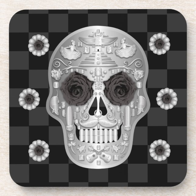 Chrome Calavera (Schwarze Rose) Getränkekasten Getränkeuntersetzer (Vorderseite)