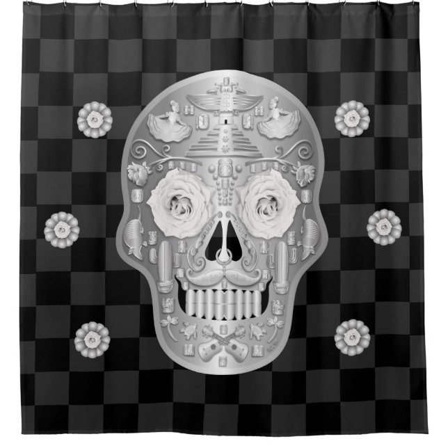 Chrome Calavera (White Rose) Duschvorhang (Vorderseite)