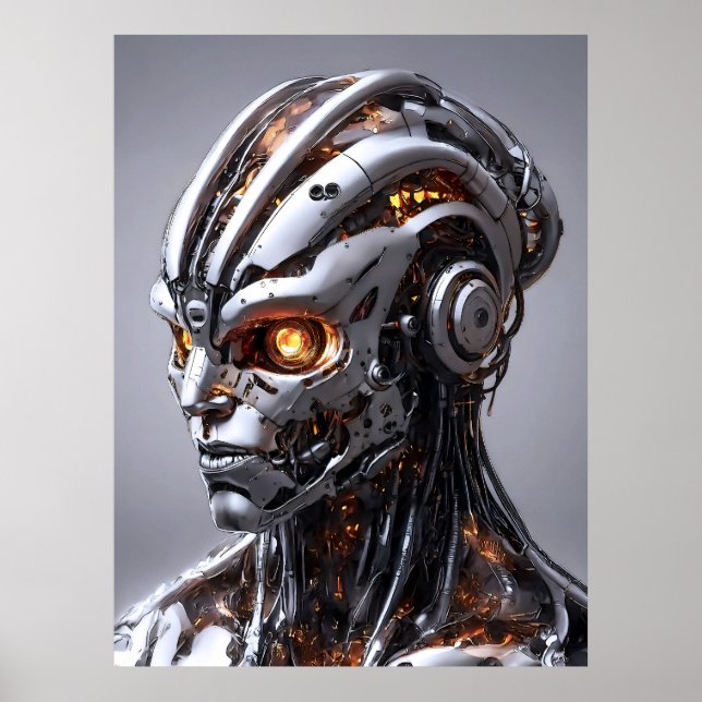 Chrome-Cyborg Orange Glow Sci-Fi-AI-Porträt Poster (Vorne)