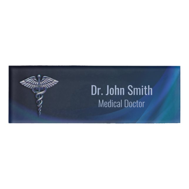 Chrome Dark Holographic 3D Medical Caduceus Namenschild (Vorderseite)