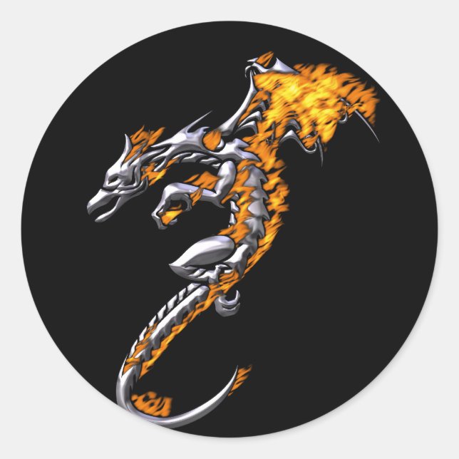 Chrome Dragon mit Flammen Runder Aufkleber (Vorderseite)