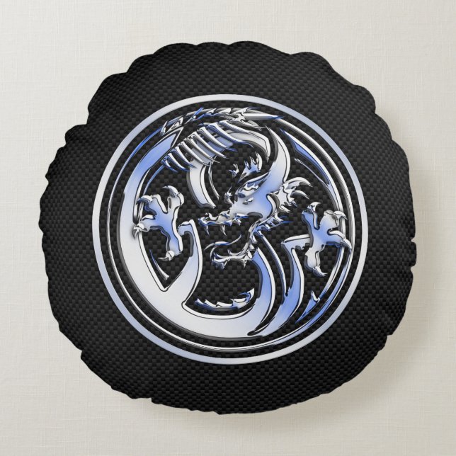 Chrome Dragon Wappen dunkle Carbon Fibre Print Rundes Kissen (Vorderseite)