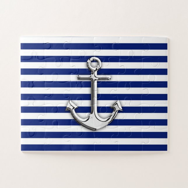 Chrome like Anchor auf Navy Blue Stripes Decke Puzzle (Horizontal)