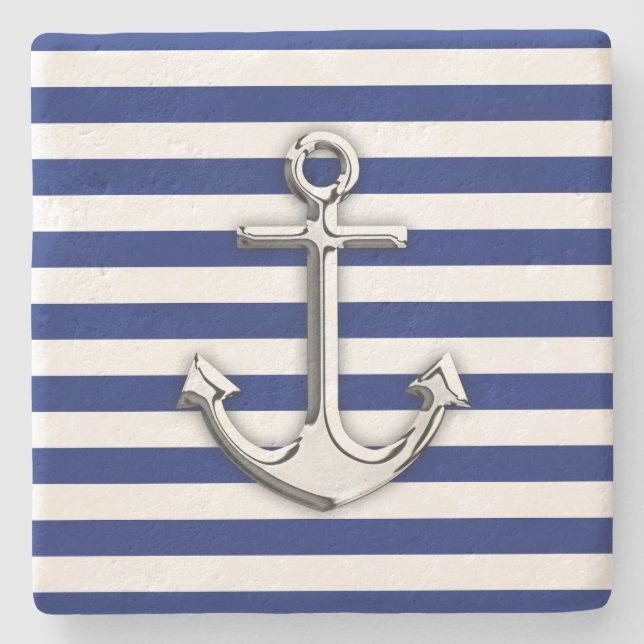 Chrome like Anchor auf Navy Stripes Decke Steinuntersetzer (Vorderseite)
