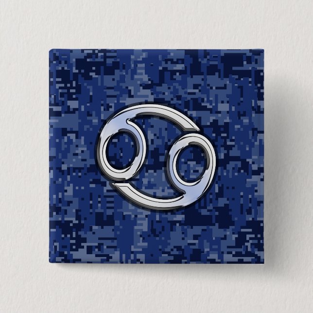 Chrome like Cancer Sign auf Blue Digital Camouflag Button (Vorderseite)
