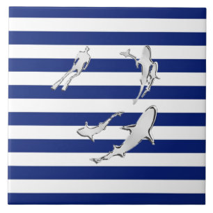 Chrome like Diver and Sharks on Nautical Stripes Fliese
