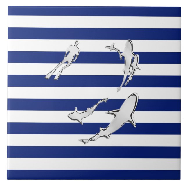 Chrome like Diver and Sharks on Nautical Stripes Fliese (Vorderseite)