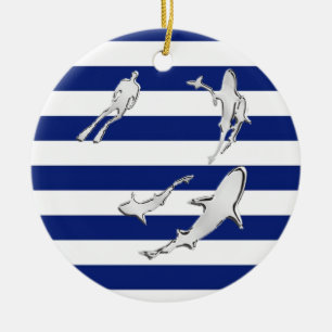 Chrome like Diver and Sharks on Nautical Stripes Keramikornament