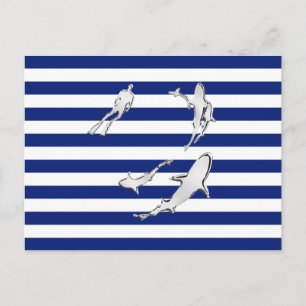 Chrome like Diver and Sharks on Nautical Stripes Postkarte