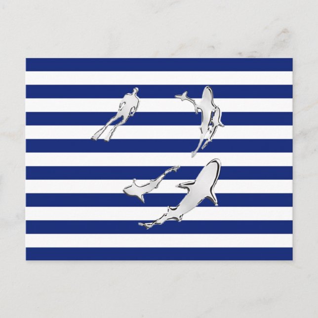 Chrome like Diver and Sharks on Nautical Stripes Postkarte (Vorderseite)