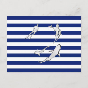 Chrome like Diver and Sharks on Nautical Stripes Postkarte