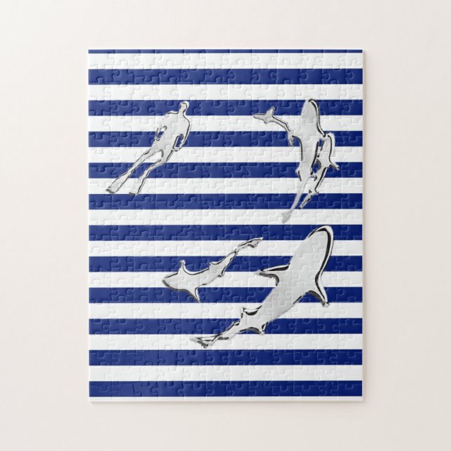 Chrome like Diver and Sharks on Nautical Stripes Puzzle (Vertikal)