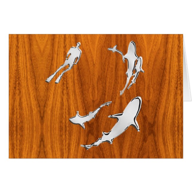 Chrome Like Diver mit Haie auf Teak Veneer (Vorderseite (Horizontal))